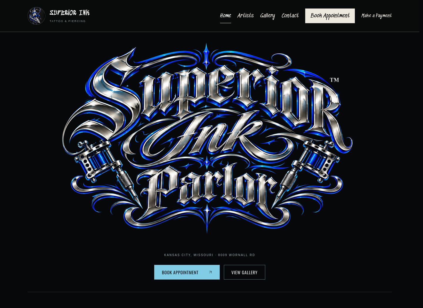 Superior Ink homepage with its tattoo and piercing artwork, navigation, and appointment links.